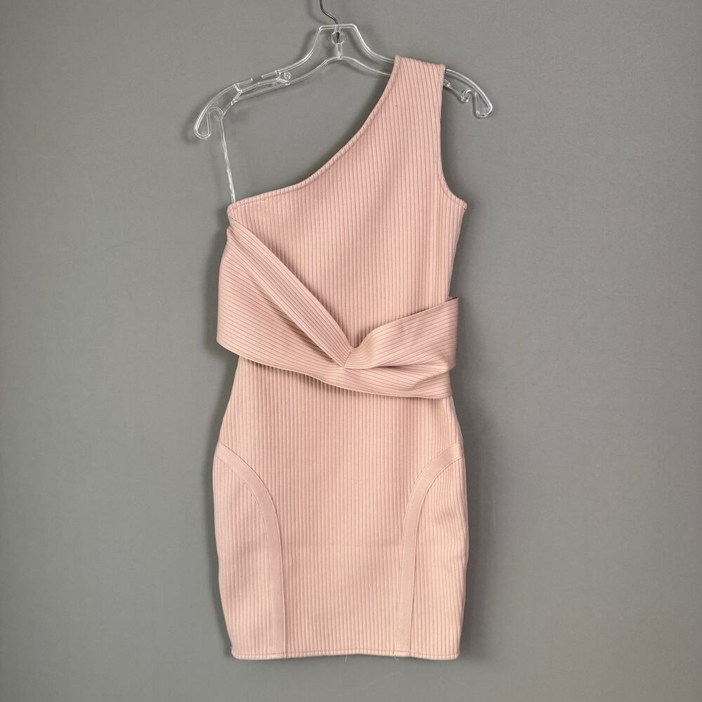 Bella Barnett sz S pink asymmetrical‎ shoulder strap fitted knit mini dress NWOT